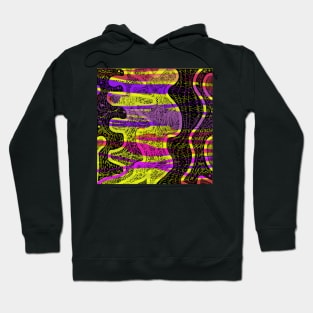 Jungle Fever. An abstract design with a tribal feel. Swirls, lines and patterns in hot pink, purple and yellow on a black background. Hoodie